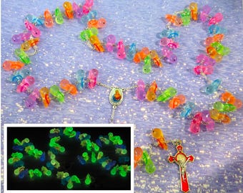 Turtle Rosary - Glows in the Dark - Multi Color Hand-Painted Turtle Beads -Immaculate Heart of Mary Center -St Benedict Blue Enamel Crucifix
