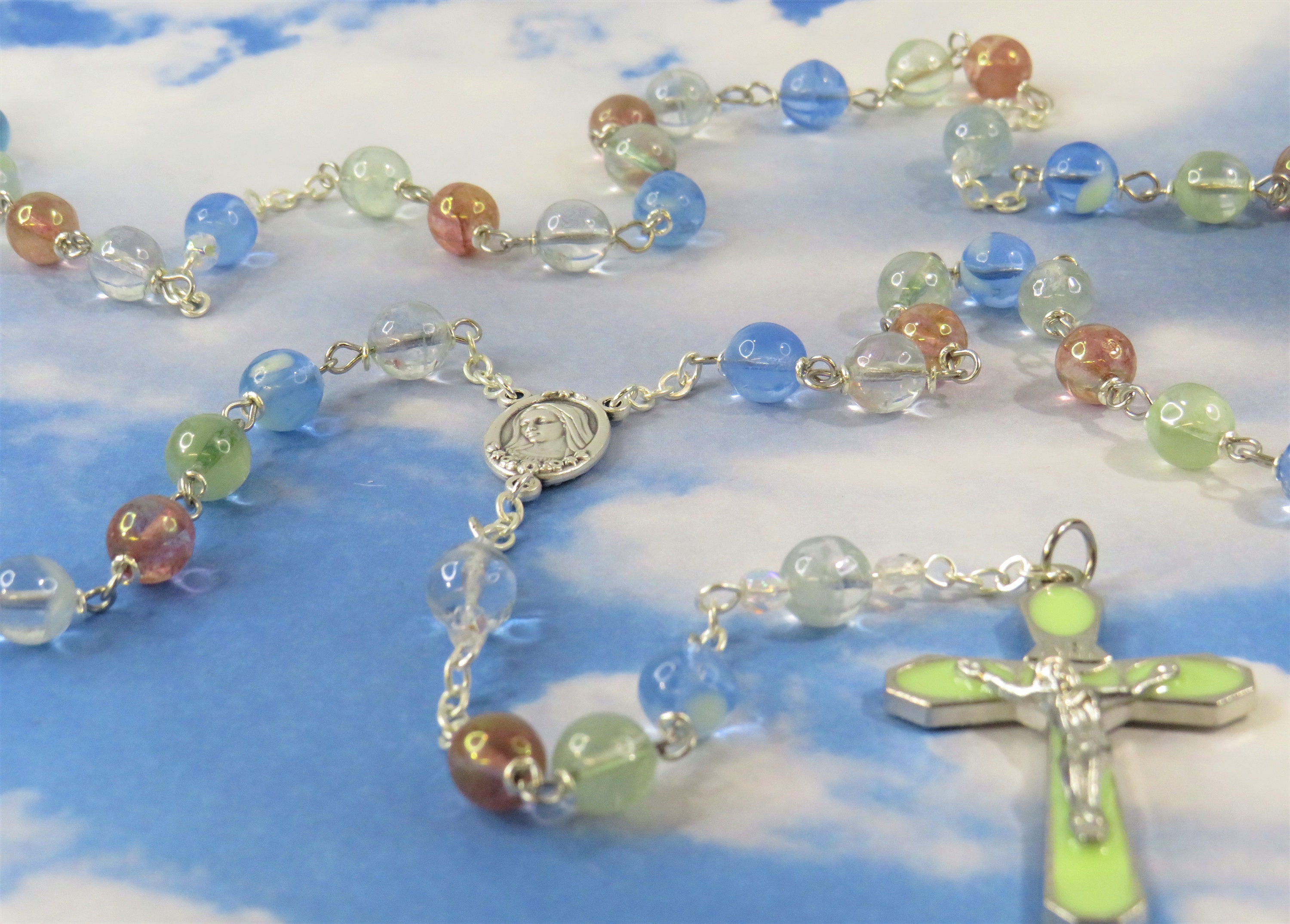 Buy Rosary with Blue Glow in the Dark Murano Glass Beads, 8mm - 21