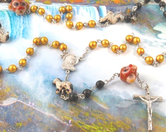 Zebra and Monkey Rosary - Ceramic Zebra & Lamp Glass Monkey Beads - Black and Gold Glass 6mm Beads - Italian Mary Center - Italian Crucifix