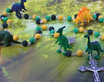 Dinosaur Rosary - Green, Yellow & Dark Green Lava Gemstone Beads - Textured Dinosaur Beads - Ol Lourdes Center- Italian Eucharistic Crucifix