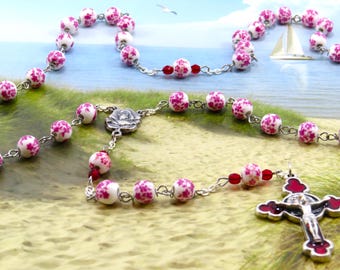 White & Ruby Rose Flower Rosary - White and Ruby Rose Flower Ceramic Beads - Italian Rose and Mary Center - Italian Red Enamel Rose Crucifix