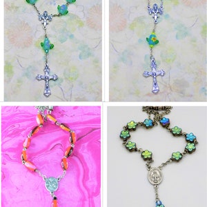 One Decade & Car Rosaries - Green or Blue Flower Beads - Pink Striped Glass Beads - Topaz Glass Flower Beads -Italian Centers and Crucifixes