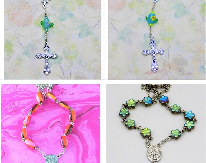 One Decade & Car Rosaries - Green or Blue Flower Beads - Pink Striped Glass Beads - Topaz Glass Flower Beads -Italian Centers and Crucifixes