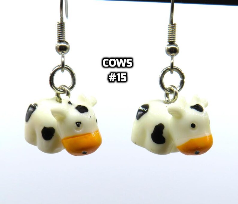 Fun Animal Earrings - Cattle - Cows - Horses - Wolves - Koala Bears - Kangaroos - Llamas - Camels -Hypo Allergenic Surgical Steel Ear Wires Black-White Cows