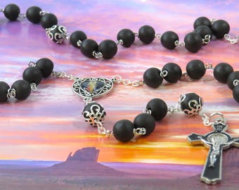 Karungali Black Ebony Natural Wood Rosary - Black Ebony Natural Wood 10mm Beads - Divine Mercy Center - Black Enamel St Benedict Crucifix
