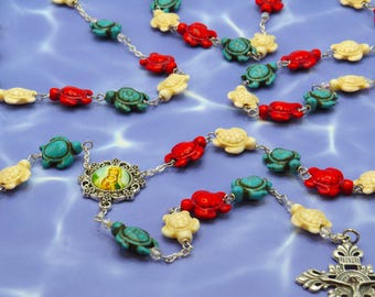 Turtle Rosary - Red, White & Blue Stone Turtle Beads - Glass Dome Sacred Heart of Mary Colorful Center -Italian Silver Fleur de Lis Crucifix