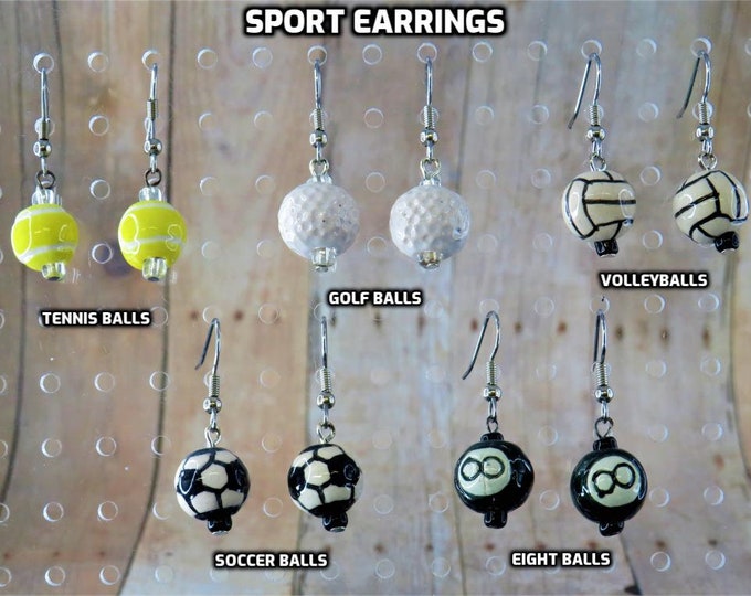 Sports Earrings - Tennis Balls - Golf Balls - Volleyballs - Soccer Balls - Eight Balls - 5 Different Styles to Choose From
