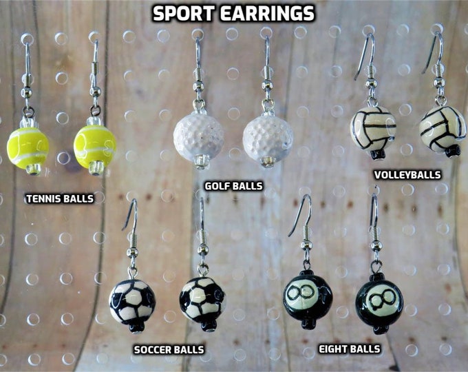 Sports Earrings - Tennis Balls - Golf Balls - Volleyballs - Soccer Balls - Eight Balls - 5 Different Styles to Choose From