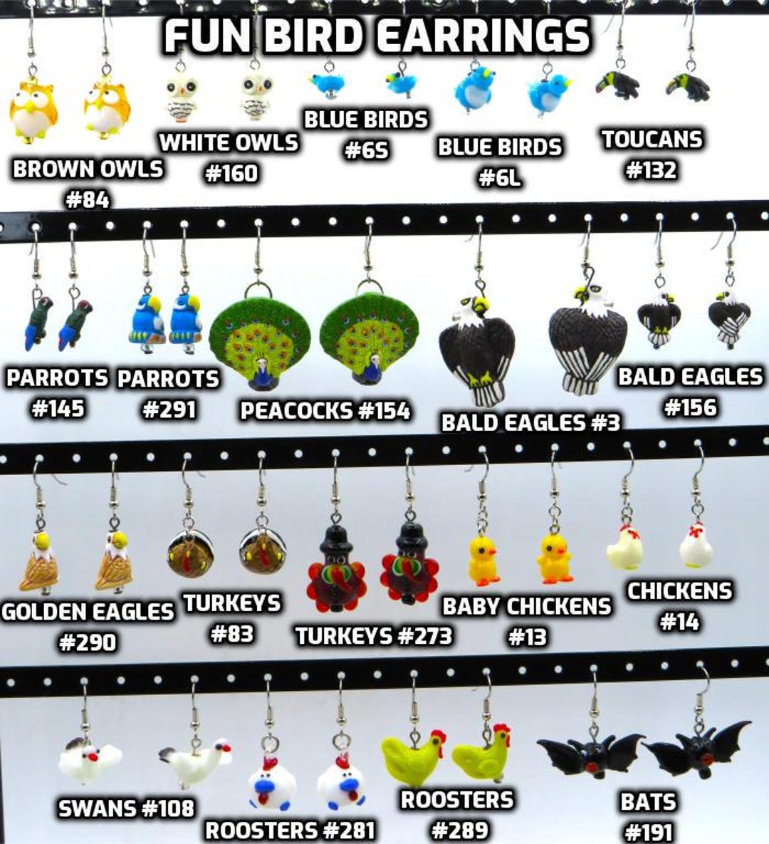 Fun Bird Earrings - Owls - Blue Birds - Toucans - Parrots