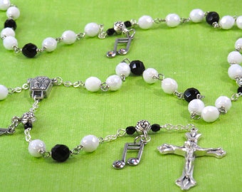 Music Note Rosary - Czech Black & White Crystal Beads - Silver Music Charms - Italian Lourdes Water Center - Italian Sunburst Flare Crucifix