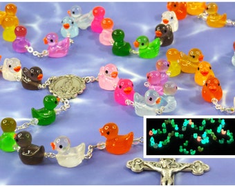 Ducky Rosary - Glows in the Dark - Multi Color Hand-Painted Duck Beads - Italian Our Lady of Fatima Center - Italian Eucharistic Crucifix