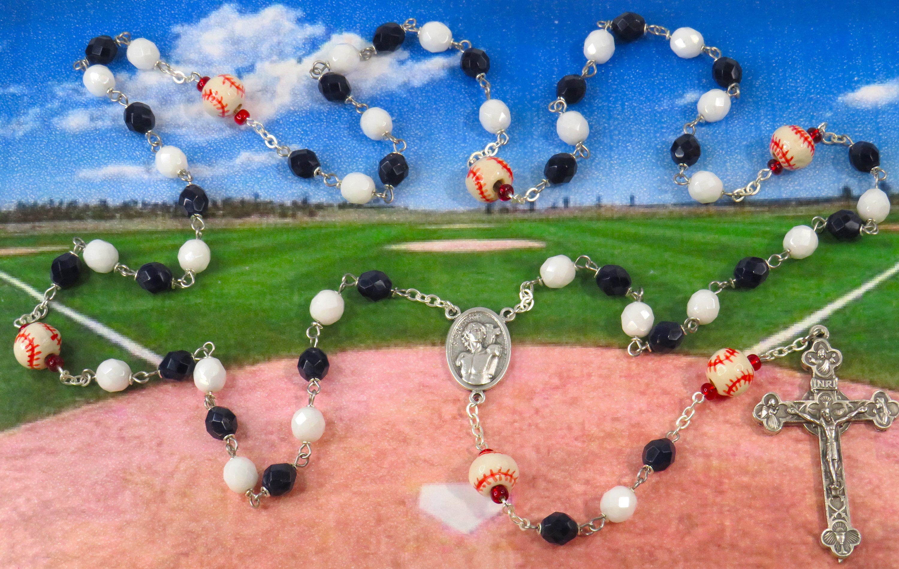Red and White Baseball Rosary - Czech Red and White Glass Beads - Ceramic  Baseballs - Saint Sebastian Center - Italian Eucharistic Crucifix