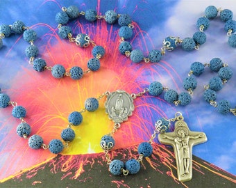 Blue Lava Rock Rosary - Blue Lava Rock Gemstone Beads-Silver Caps-Italian Silver Our Lady of Fatima Center-Italian Sorrowful Mother Crucifix