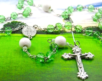 Golf Ball Rosary - Czech 8mm Green Glass Beads - Golf Ball Father Beads - Italian Silver Miraculous Medal Center - Italian Flare Crucifix
