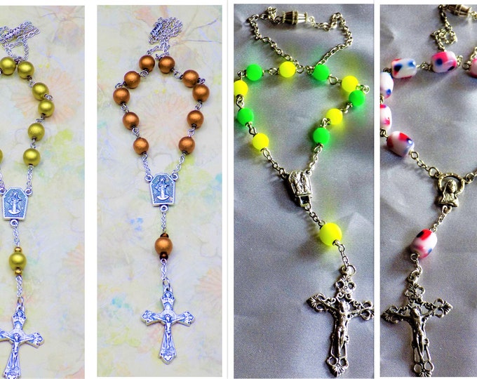 One Decade & Car Rosaries  - Gold Wood - Copper Wood - Silver Wood - US Flag Beads - Green and Yellow Neon - Italian Centers and Crucifixes