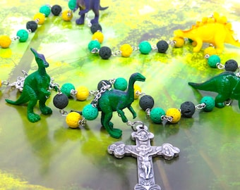 Dinosaur Rosary - Green, Yellow & Dark Green Lava Gemstone Beads - Textured Dinosaur Beads - Miraculous Center- Italian Eucharistic Crucifix