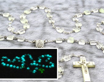 Clear Czech Glass "Glow in the Dark" Rosary - Clear Glow in The Dark Glass Beads - Our Lady of Fatima Center with Water - Luminous Crucifix