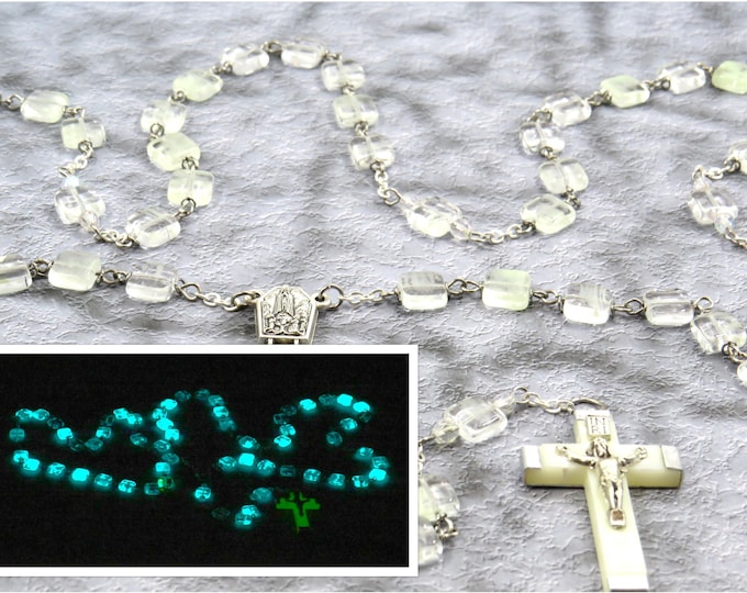 Clear Czech Glass "Glow in the Dark" Rosary - Clear Glow in The Dark Glass Beads - Our Lady of Fatima Center with Water - Luminous Crucifix