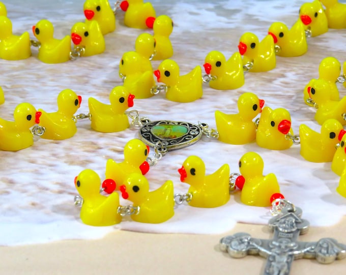 Ducky Rosary - Hand-Painted Duck Beads - Orange Accent Father Beads -Colorful Our Lady of Fatima Center -Italian Silver Eucharistic Crucifix