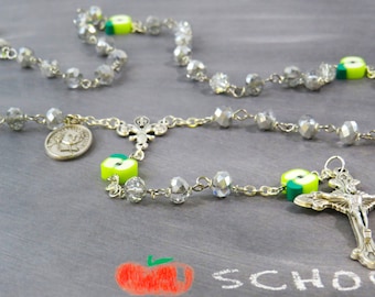 Teacher Rosary - Czech Clear & Silver Crystal Beads - Apple Beads - Fleur-de-Lis Fiat Center - Sunburst Crucifix - St John De La Salle Medal