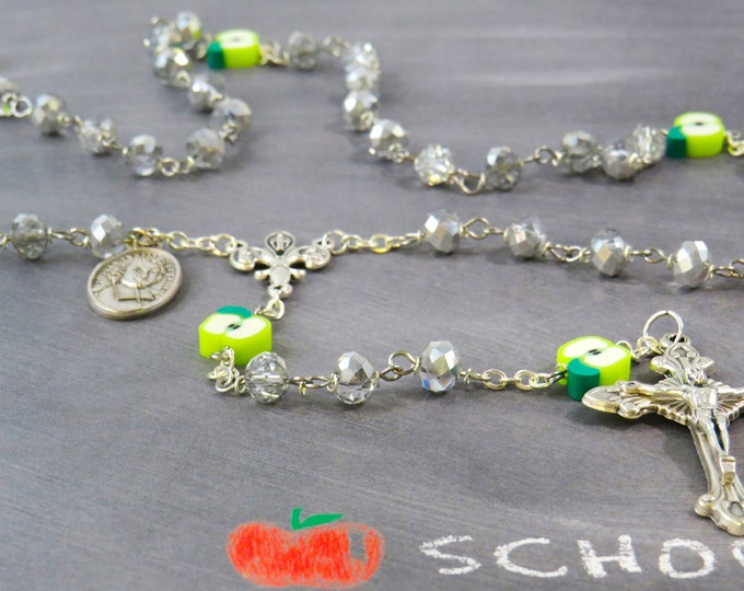 Teacher Rosary - Czech Clear & Silver Crystal Beads - Apple Beads - Fleur-de-Lis Fiat Center - Sunburst Crucifix - St John De La Salle Medal