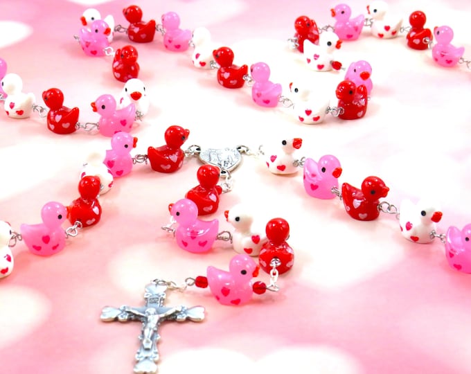 Love Ducky Rosary - Pink, Red and White Resin Duck Beads with Hearts - Italian Our Lady of Fatima Center - Italian Heart Tipped Crucifix