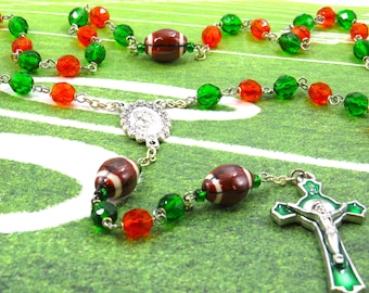 Orange & Green Football Rosary - Czech Orange and Green Crystal Beads -Football Father Beads -Mary Center -Green Enamel St Benedict Crucifix