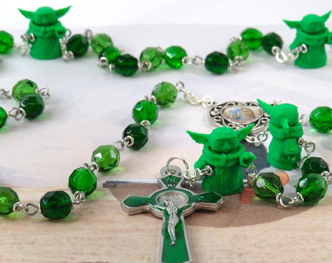 Star Wars Baby Yoda Rosary - Czech Green Crystal Beads - 3D Baby Yoda Father Beads - Colorful Medjugorje Center - St Green Enamel Crucifix