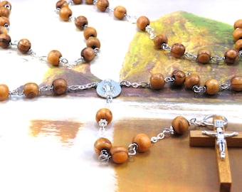 Natural Olive Wood Rosary -Natural Olive Wood 8mm Beads - Metal Accent-Italian Silver Miraculous Mary & Papal Center - Natural Wood Crucifix