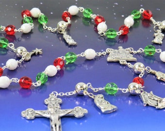 Nativity Christmas Rosary - Czech Red, Green and White Glass 8mm Beads - Silver Nativity Charms - Nativity Center - Eucharistic Crucifix