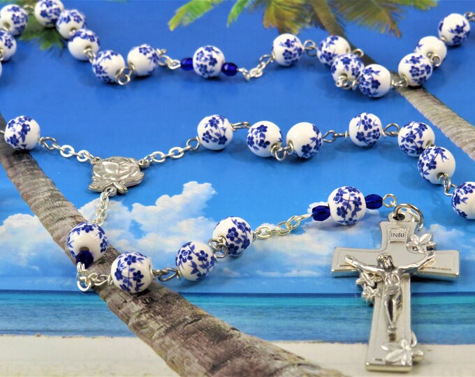 White & Blue Flower Rosary - White and Blue Flower Ceramic Beads - Italian Silver Rose and Mary Center - Italian Silver Flower Crucifix