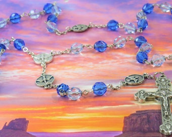 Confirmation Holy Spirit Rosary - Czech Light & Dark Blue Beads - Holy Spirit Father Beads - Ital Holy Spirit Center - Eucharistic Crucifix