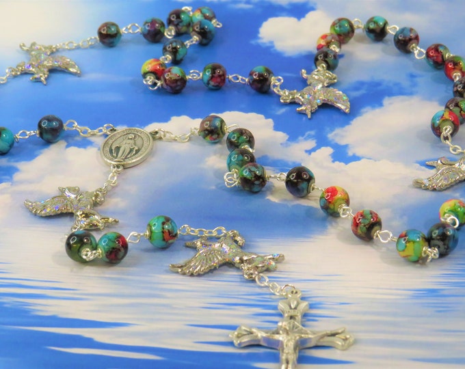 Flying Unicorn Rosary - Multi-Color Crystal Beads - Rhodium Flying Unicorn Beads -Italian Miraculous Medal Center -Italian Sunburst Crucifix