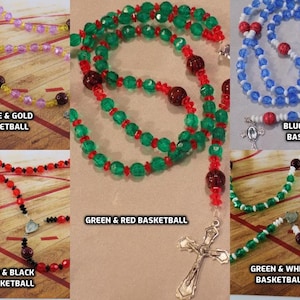 Basketball Sports Rosaries - Green & White - Blue and White - Purple and Gold - Red and Black - Green and Red - Basketball Team Colors