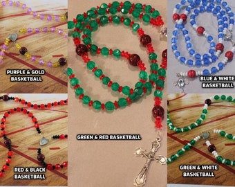 Basketball Sports Rosaries - Green & White - Blue and White - Purple and Gold - Red and Black - Green and Red - Basketball Team Colors