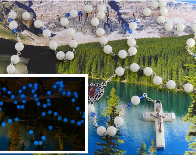 White Gemstone Blue Glow in the Dark Rosary - White Gemstone Blue "Glow in the Dark" 8mm Beads - Colorful Our Lady Center -Luminous Crucifix