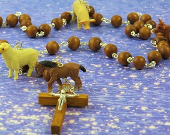 Noah's Ark Rosary - Czech Wood 8mm Beads - Hand Painted Soft Rubber Animal Beads - Italian Color Holy Spirit Center - Brown Wood Crucifix