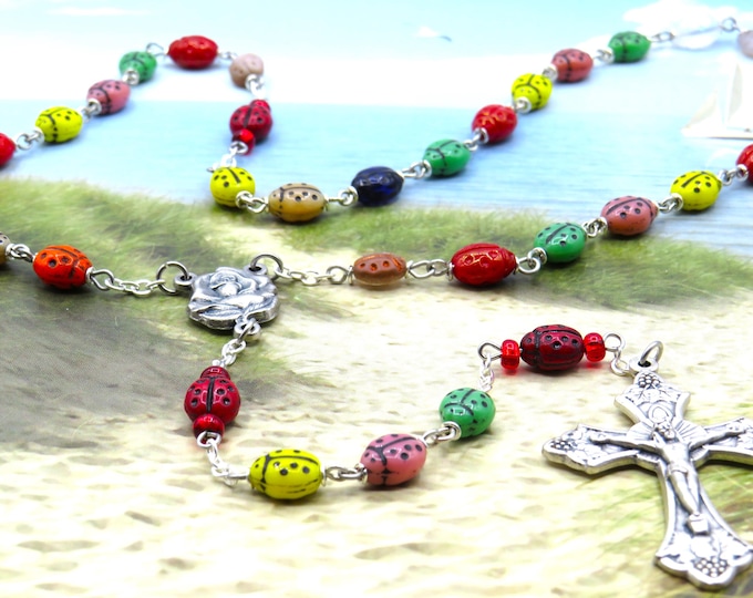 Ladybug Glass Rosary - Czech Multi Color Ladybug Glass Bead - Italian Silver Rose & SH Mary Center - Italian Silver Grapes and Vine Crucifix