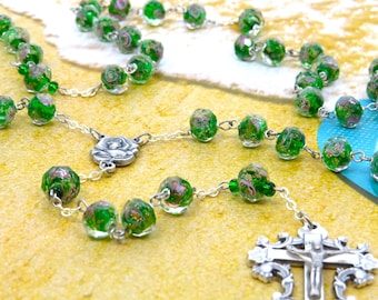 Green Rose Flower Lamp Glass Rosary - Faceted Green Rose Flower Lamp Glass Beads - Italian Rose Center Center - Italian Flower Crucifix