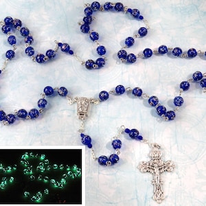 Royal Blue Glass &quot;Glow in the Dark&quot; Rosary - Royal Blue Glow in The Dark Glass Beads - OL of Lourdes with Water Center - Italian Crucifix