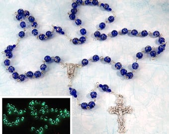Royal Blue Glass "Glow in the Dark" Rosary - Royal Blue Glow in The Dark Glass Beads - OL of Lourdes with Water Center - Italian Crucifix