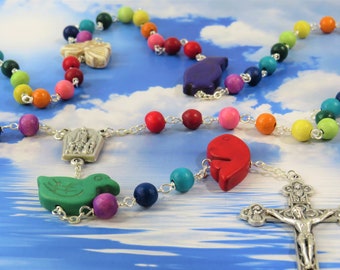 Noah's Ark Rainbow Rosary - Multi-Color Hand-Waxed Cheesewood Beads - Stone Animal Beads - Italian Fatima Center - Ital Eucharistic Crucifix