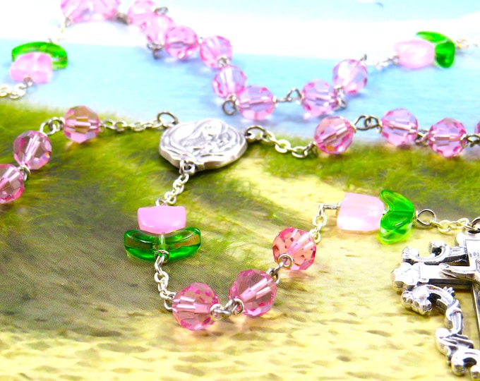 Tulip Flower Swarovski Crystal Rosary - Tulip Flower Crystal Beads - Pink Swarovski Beads - St Therese Relic Center -Italian Flower Crucifix