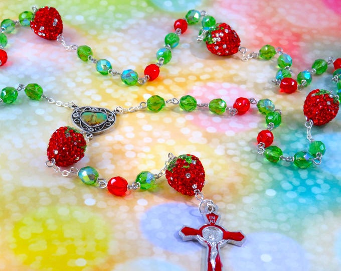 Rhinestone Strawberry Rosary - Rhinestone Strawberry Beads - Czech Green & Red Crystal Beads -Fatima Center -Red Enamel St Benedict Crucifix
