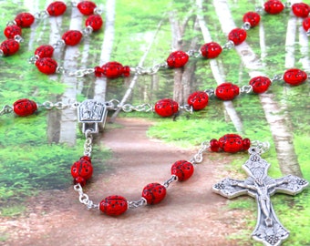Red Ladybug Rosary - Czech Opaque Red Ladybug Glass Beads - Italian OL of Lourdes with Water Center -Italian Silver Grapes and Vine Crucifix