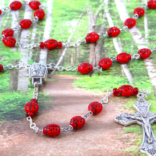 Red Ladybug Rosary - Czech Opaque Red Ladybug Glass Beads - Italian OL of Lourdes with Water Center -Italian Silver Grapes and Vine Crucifix