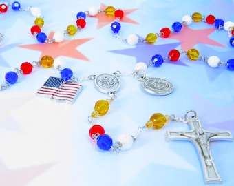 Knights of Columbus Rosary - Czech Gold, Blue, Red & White Beads - Knights of Columbus Logo Center - Proud American Charm - US Flag Charm