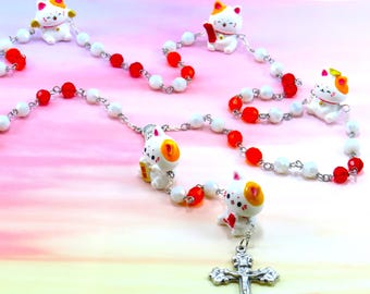 Lucky Cat Rosary - Resin Cat Father Beads - Czech White, Orange and Red Crystal Beads - Italian Mary Center - Italian Fleur-de-Lis Crucifix