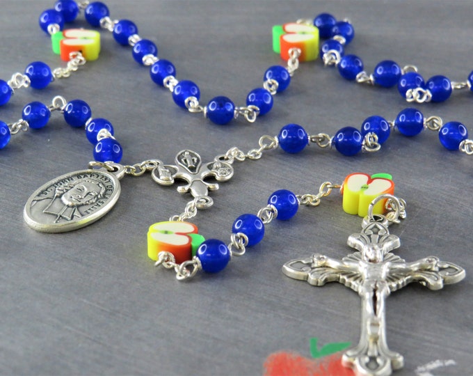 Teacher Rosary - Blue Candy Jade Gemstone Beads - Apple Beads -Fleur-de-Lis Fiat Center - Italian Crucifix-St John Baptist De La Salle Medal