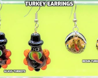 Turkey Earrings - Handmade Lampwork Glass Turkey Earrings -  Handpainted Resin Turkey Earrings-Fun Earrings for Fall & Thanksgiving